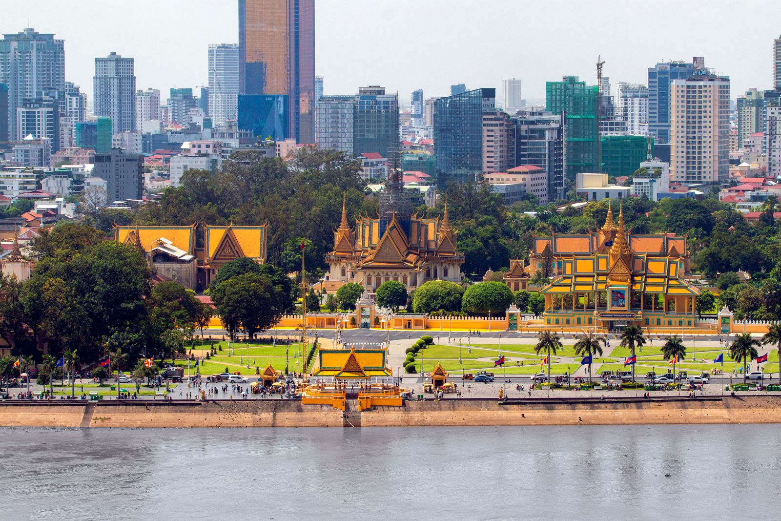 The Royal Palace and surrounding greenery with Phnom Penh’s modern skyline in the background